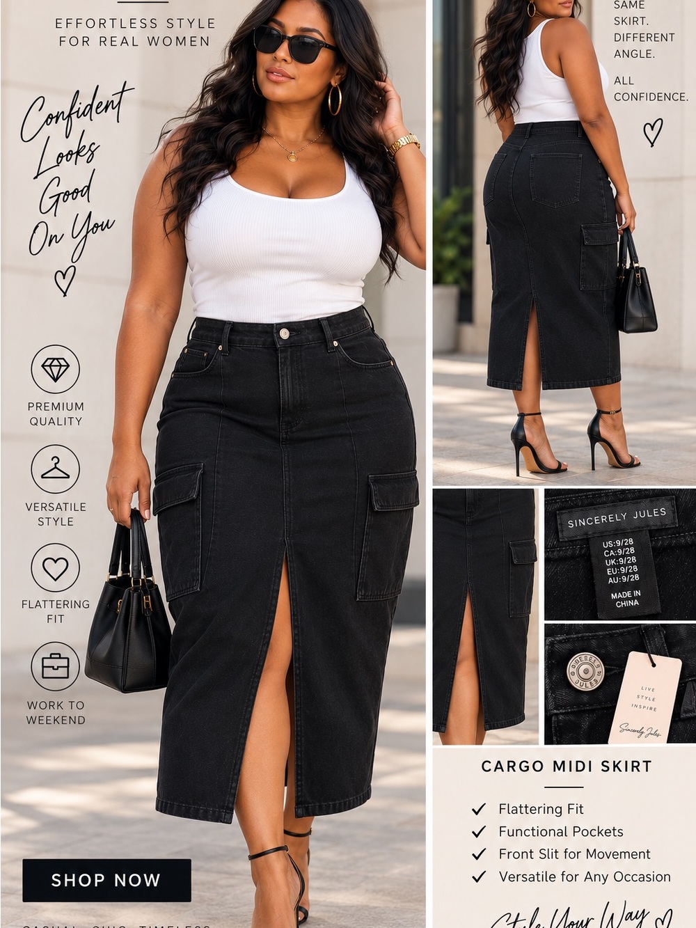 Sincerely Jules Black Cargo Midi Skirt with Front Slit size 9